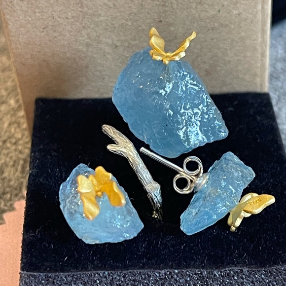 Sterling Silver Vintage natural Stones Adjustable Ring & Earrings Set